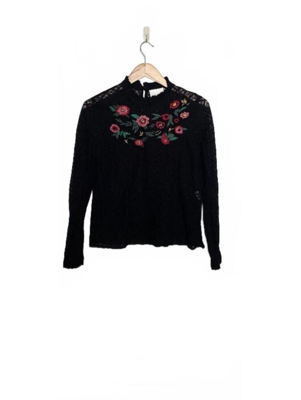 Sezane Clarisse Noir Embroidered Blouse Size 36 US 4